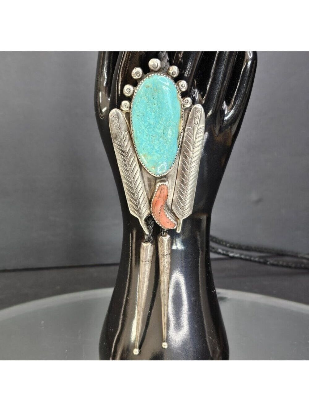 Navajo Turquoise And Coral Sterling Silver Bolo Tie Signed. USA Native American